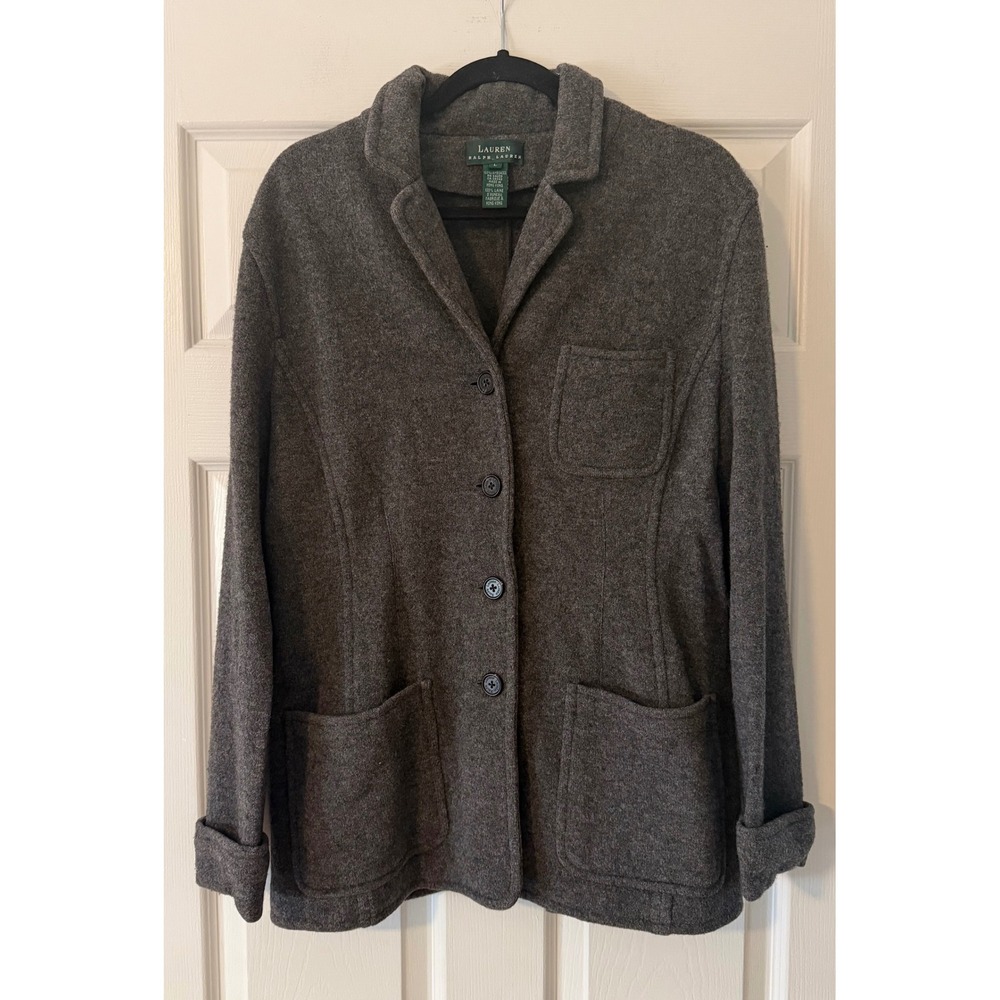Vintage Lauren Ralph Lauren 100% Lambswool Gray Knit Blazer Jacket Women Large